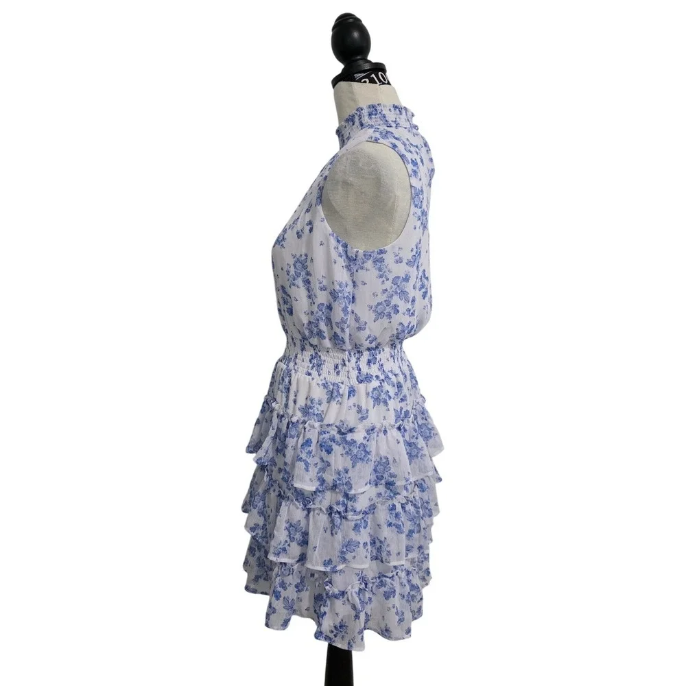 1.STATE Blue White Floral Smocked High Neck Tiered Ruffle Mini Dress Small - Picture 2 of 6